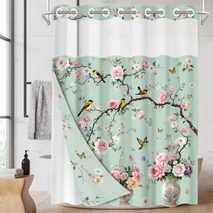 1PC Double Layer Shower Curtain, Summer Shower Curtains For Bathroom, No Hooks, Chinese Style Bird and Flower Print Waterproof Fabric, Traditional Home Decor, Hotel Bathroom Accessory, Detachable Buckle Shower Curtain and Liner, Bathroom Room Divider