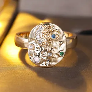 Unique Evil Eye Rings Moon Design- Retro Style Engagement Rings for Women & Girls, Synthetic Zirconia Inlay, Perfect for Weddings & Daily Wear Valentine's Day Gift