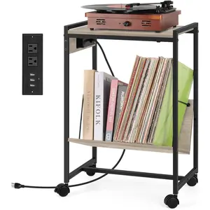 CD & DVD Racks,Magazine & Newspaper Holders,Record Player Holder Stand with Vinyl Storage Turntable Stand Table with Record Storage and Charging Station Rustic Vinyl Record Storage Shelf Nightstand, Grey