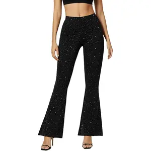 Sparkly Flared Leggings for Women, High Rise Sparkle Pants Shiny Glitter Bell Bottom Trousers for Party Nightwear