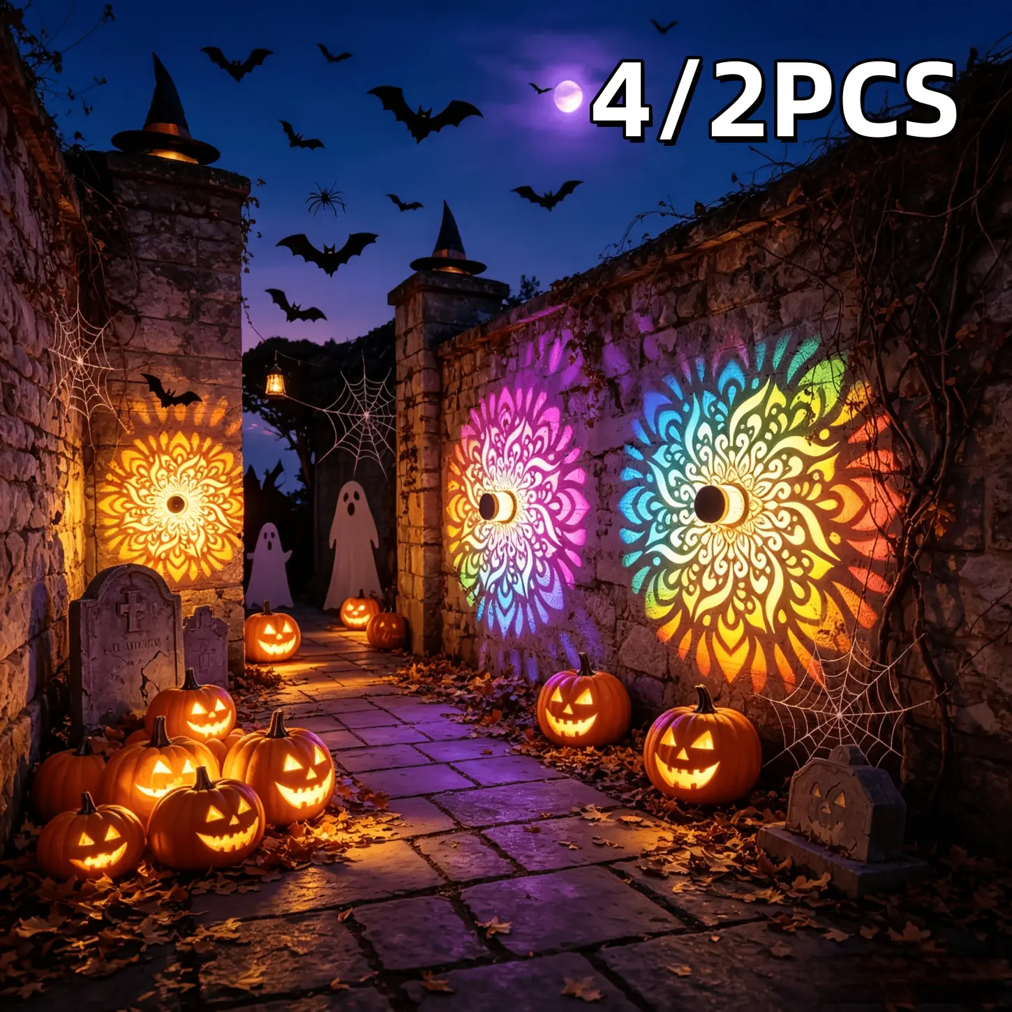 4/2 outdoor solar rainbow exterior wall lights, hollow pattern mandala colored light changing wall lights, IP65 waterproof wall lights, suitable for floor, wall, fence, lawn decoration, Christmas and Halloween decorative lights, ideal holiday gifts