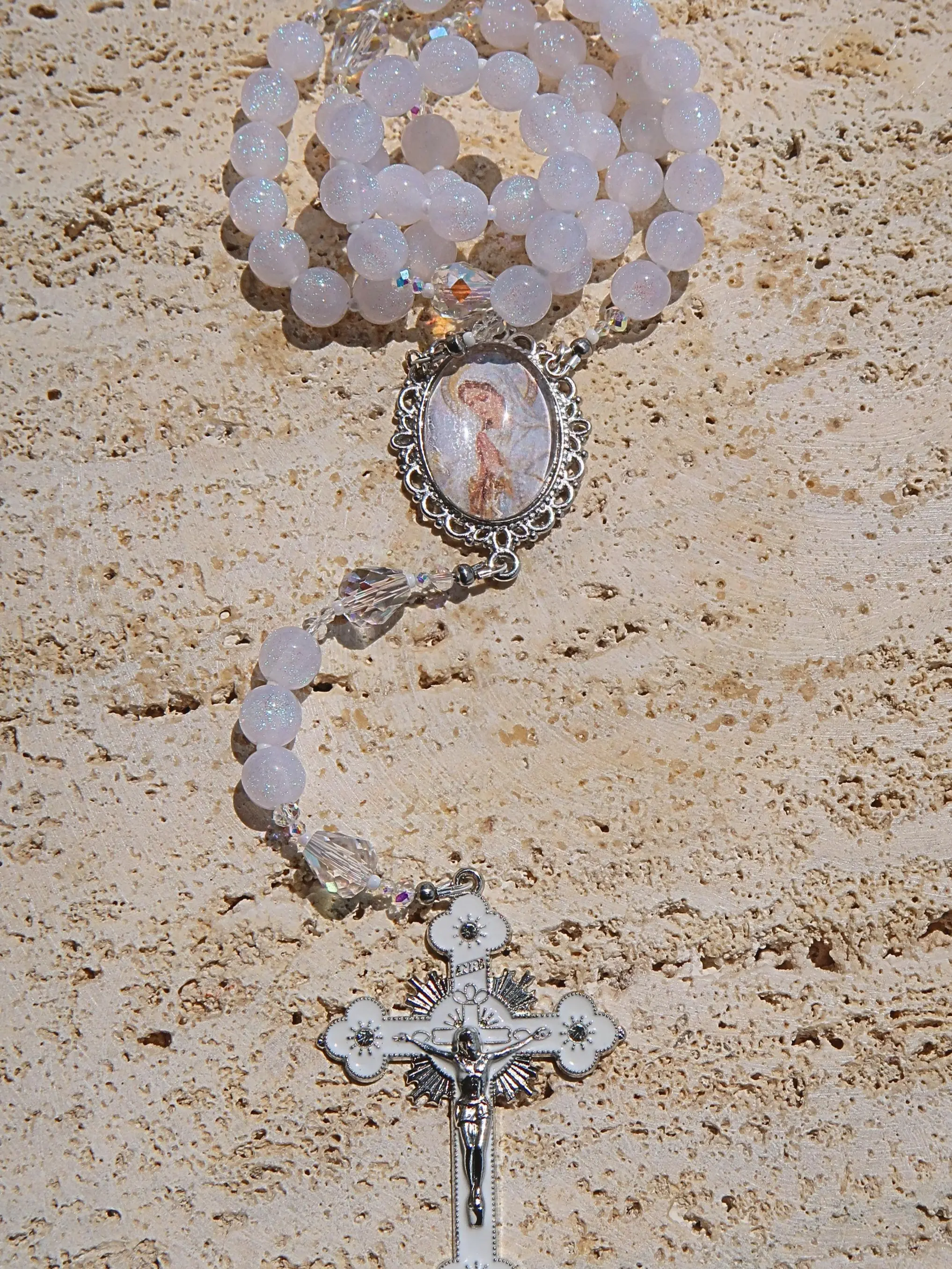 Handmade White Sparkle Rosary | White Druzy Beads | Catholic Prayer Beads | Marian Devotional Gift | First Communion Gift