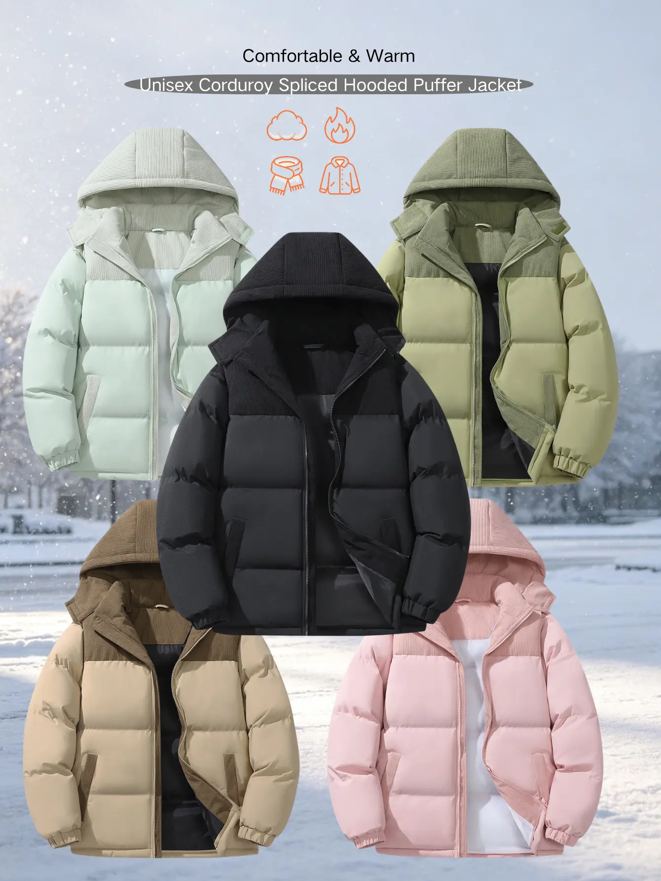 Unisex corduroy patchwork hooded jacket with detachable hood, casual outerwear for autumn/winter
