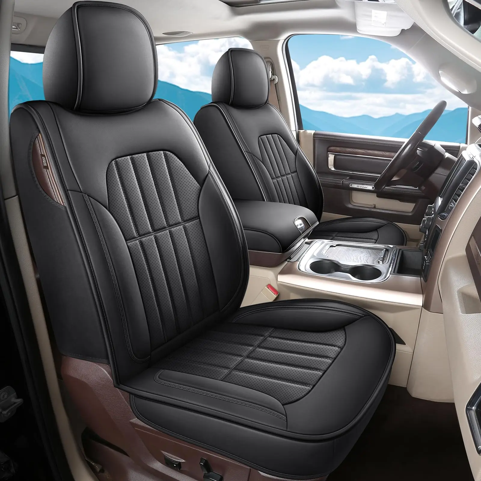 Truckiipa Dodge Ram 2 Front Seat Covers Custom Fit for 2002-2025 1500 2500 3500 Pickup Crew Double Quad Cab Laramie Big Horn Full Coverage Waterproof Leather Truck Seat Protectors, Black most car, Automotive Seat Covers