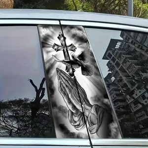 Black and White Praying Hands Cross Dove Car Pillar Decal, Religious Faith Vehicle Sticker, Waterproof & Sunproof Window Decor