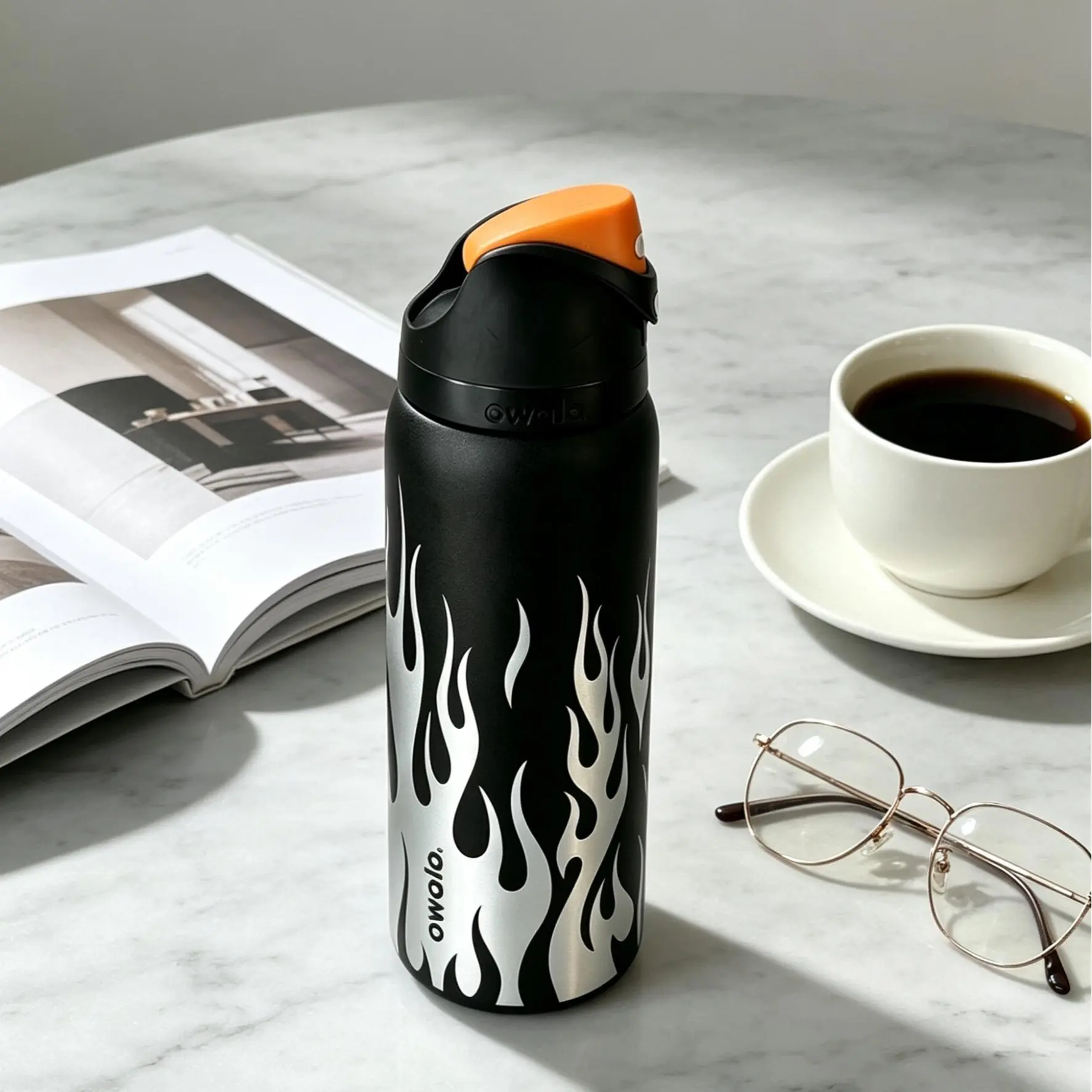 Owala FreeSip 32oz Flame Stainless Steel Water Bottle, 24 Hours Cold Insulated Leak Proof Sports Tumbler, Black Silver Flame Pattern Reusable Hydration Bottle for Motorcycle Gym Outdoor