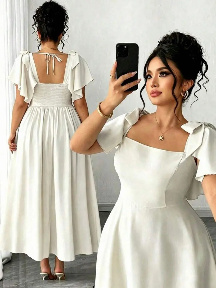 Plus Size Women's Elegant Minimalist Commute, Daily, Party, Wedding, Bridesmaid Sky Blue Square Neck Bowknot Strap A-Line Mid-Length Dress