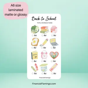 FinancialFlamingo Back to School Savings Challenge A6 Size Laminated Matte or Glossy Reusable Tracker for Supplies Clothes and Essentials