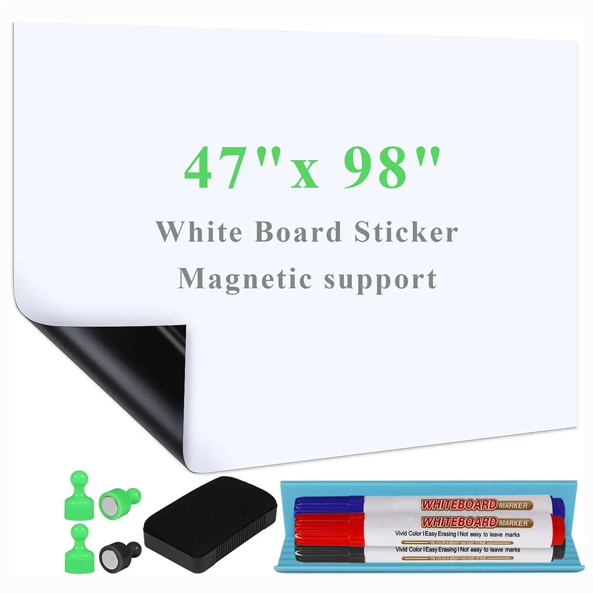 White Board Sticker Adhesive Backing, 47" x 98" Magnetic Dry Erase Board Contact Paper Stick on Wall, Whiteboard Sheet for Teacher Kids Classroom, Include Markers, Eraser with Magnet dry erase calendar whiteboard office whiteboard