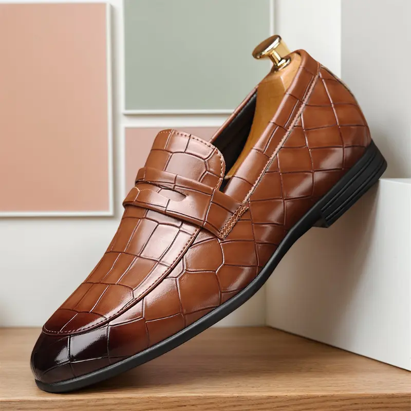 Men's Crocodile-Embossed Penny Loafers, Slip-On Formal Dress Shoes38697