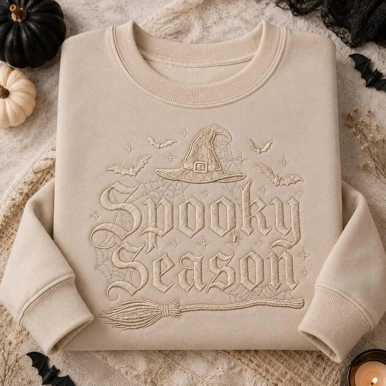 [MADE IN US] Spooky Season Embroidered Sweatshirt, Black Halloween Witch Hat Shirt, Tone To Tone Sweatshirt, Halloween Gift