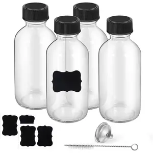 2oz Small Clear Glass Bottles with Lids, 1 Stainless Steel Funnel, 4 Labels,1 Brush - 60ml Reusable Boston Bottle for Juice, Ginger Shot, Wellness, Oils, Whiskey, Liquids - Leakproof Travel Bottle