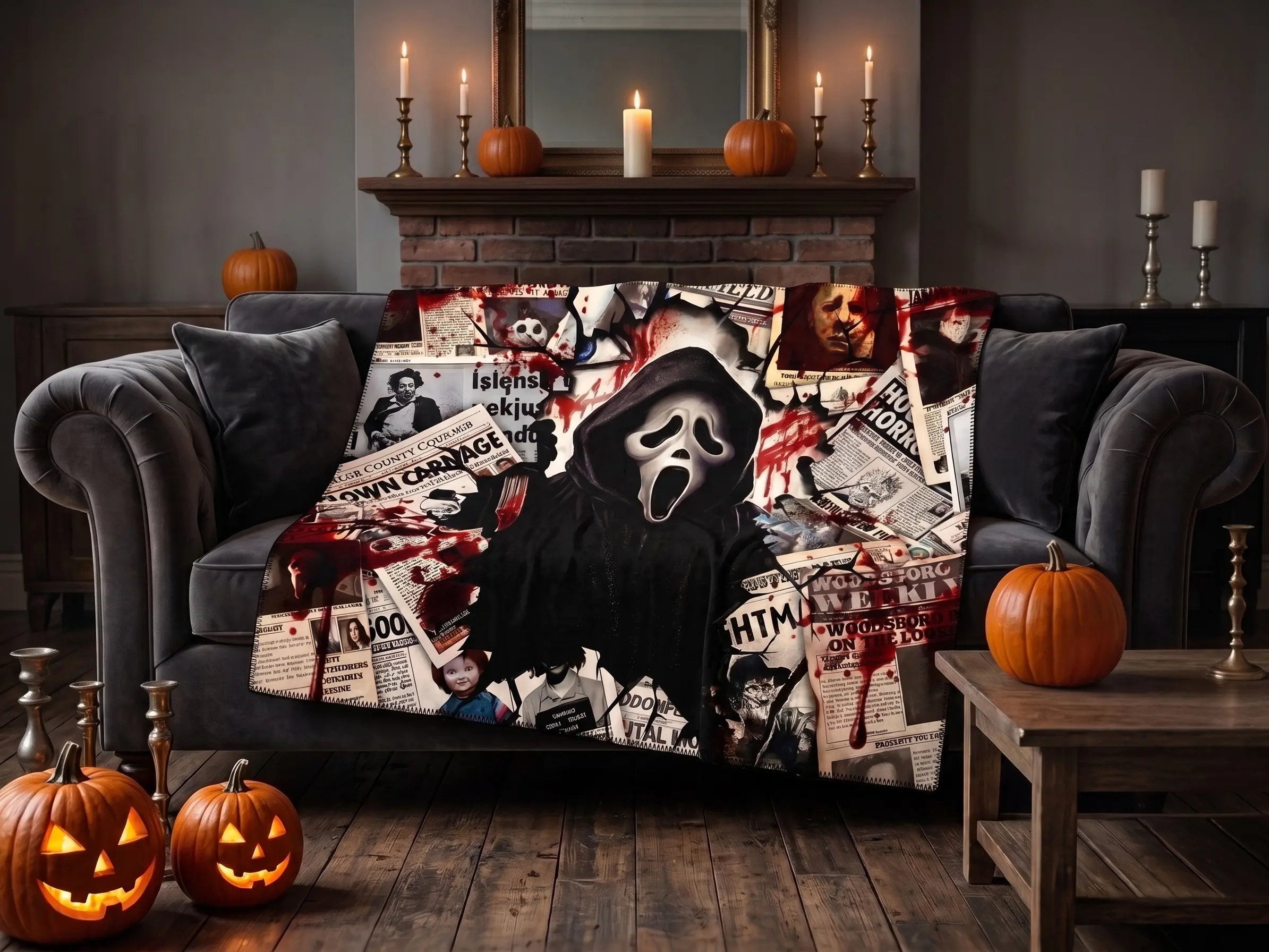 Ghostface Newspaper Collage Wall Tapestry Soft Flannel Fabric Poster - Vintage Horror Movie Woodsboro Art Hanging Decor for Bedroom Dorm Living Room - Spooky Halloween Gift for Scream Fans Men Women Teens - Sizes 30x40 40x50 50x60 60x80in