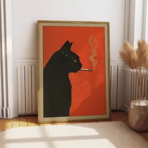 Black Cat Smoking a Cigarette Vintage Poster Art Retro Whimsical Print Funny Animal Wall Decor Poster for Bar Cart Quirky Kitchen Wall Art