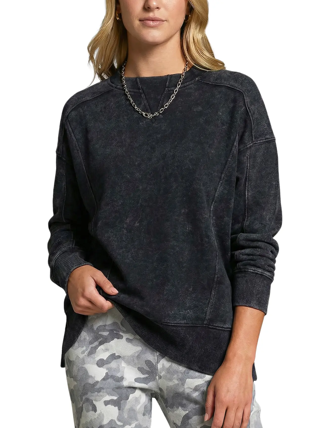 Arssm Oversized Sweatshirt for Women Acid Wash Pullover Vintage Cotton Crew Neck Long Sleeve Sweatshirt