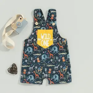 Kids Toddler Baby Boys and Girls Wild One Overalls Shorts Square Neck Sleeveless Giraffe Print Animal Romper First Birthday Overalls Jumpsuit