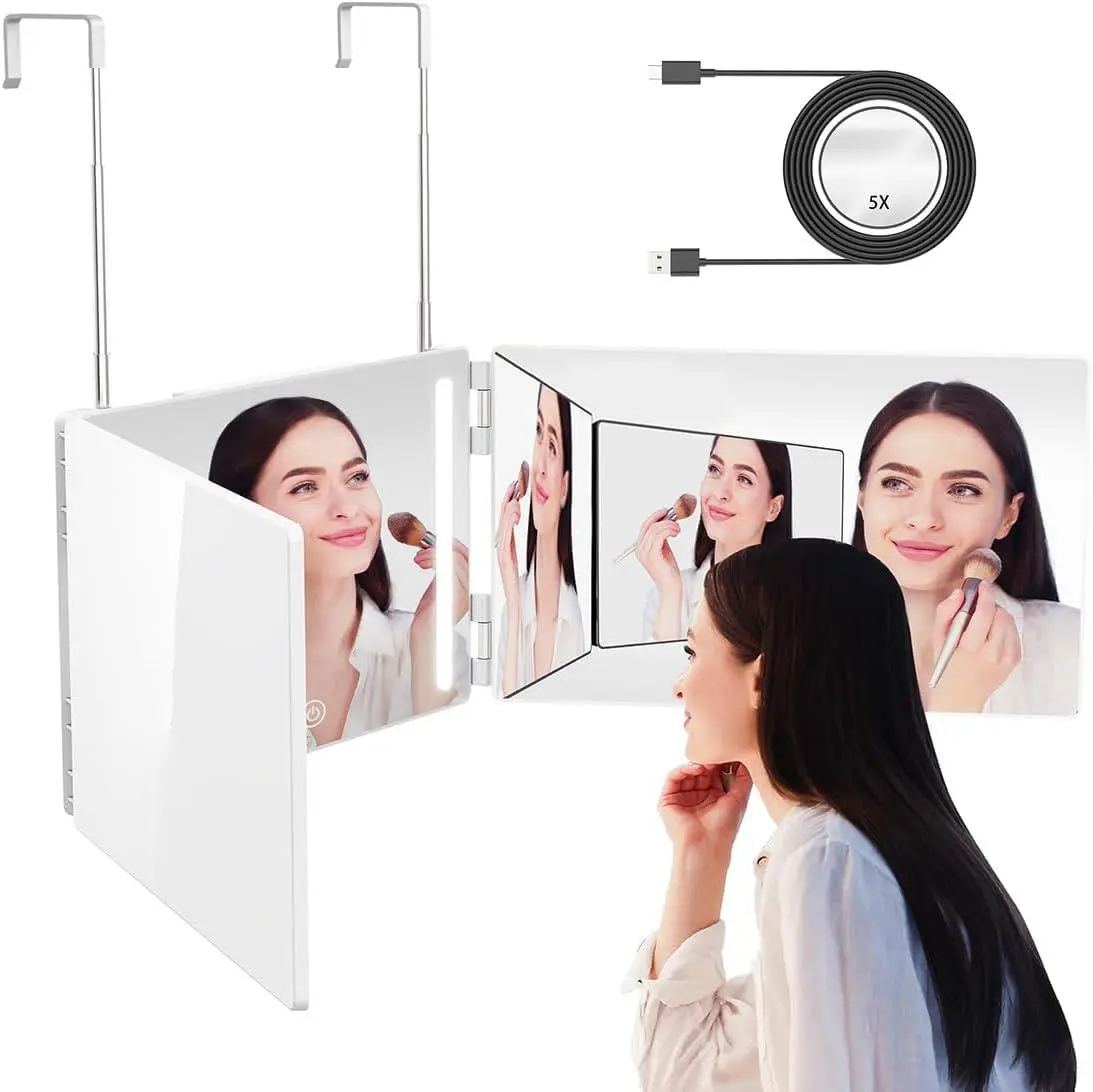 USB Rechargeable LED Makeup Mirror 3 Way Trifold and 5X Magnifying Mirror for Self Hair Cutting Tools with Height Adjustable Mirror 360 Trifold for Makeup to See Back of Head,White