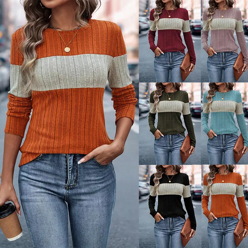 Women’s Color Block Ribbed Knit Sweater Long Sleeve Top, Casual Chic Pullover Shirt for Fall Winter Outfits, Daily Wear, Work, Weekend Street Style