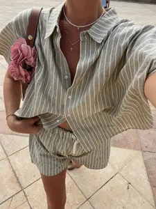 Women's Casual Striped Short Sleeve Shorts Set, Loose Fit Button Front Collared Shirt & Shorts, Everyday Wear Comfortable Ensemble