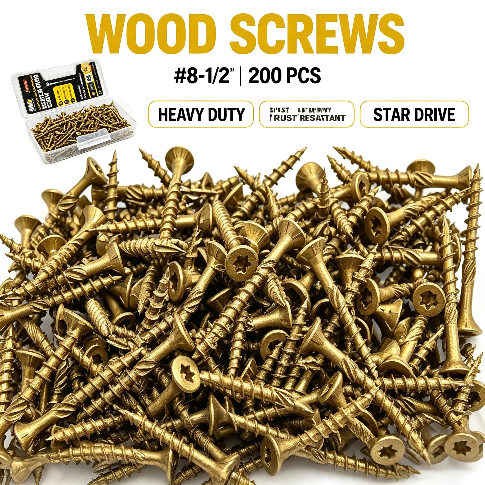 VKKM Carbon Steel Flat Gold Wood Deck Screws Kit, 2 Sizes (#8x1.5in & #9x3in) T25 Torx Star Drive Self-Tapping All-Weather Rust-Proof No Pre-Drilling Fasteners with Free T25 Bit for Decking/Fencing DIY Projects