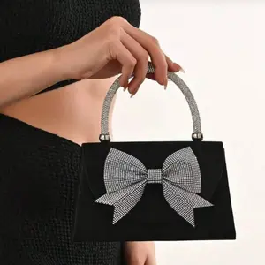 Women's European American Fashion Black Satin Flap Clutch Evening Bag, Sparkling Elegant Bowknot Rhinestone Decor Party Handbag, Luxury Satin Formal Dress Crossbody Bag, Chain Shoulder Bag Suitable For Banquet, Party, Birthday, Wedding