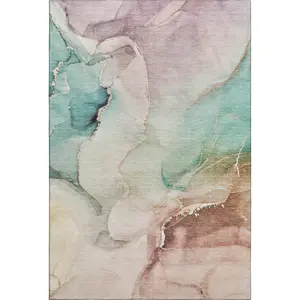 HomeRoots 647346 5' x 8' Teal, Ivory & Brown Abstract Indoor Machine-Made Rectangular Area Rug - Machine Washable, Stain Resistant, UV Protection