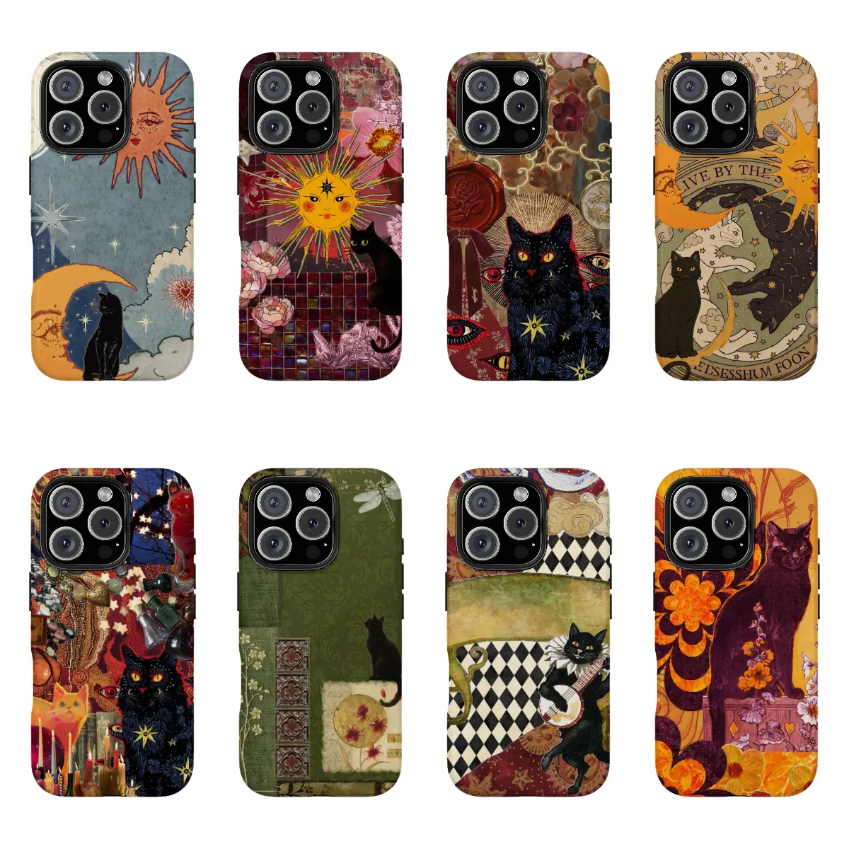 Whimsigoth Aesthetic Black Cat Phone Case for IP 17 16 15 14 13 12 11 Pro Max , Whimsical Psychedelic Collage Phone Case, Purple Lotus Fairycore, Fairycore Nature - Aesthetic Purple Flower Phone Cover, Trippy Sun, Dancing Animals, Tough Case, Waterproof