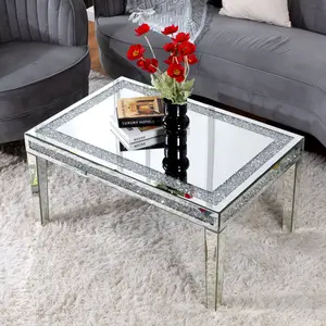 BLINGWORLD Rectangle Coffee Table with Crystal Inlay Mirrored Silver Accent Table