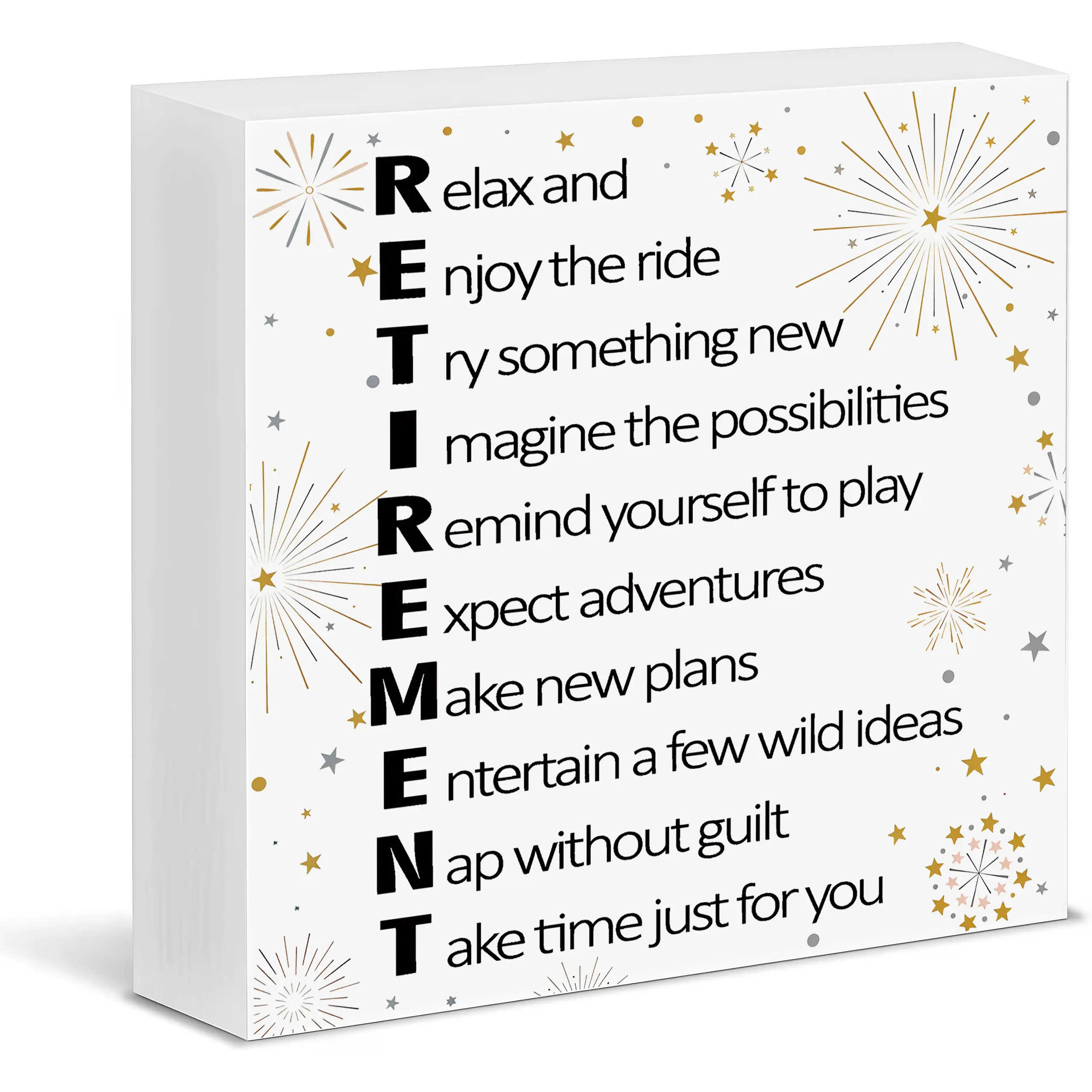 Square Wooden Block Sign, RETIRE Acronym Firework Star Inspirational Wood Plaque, Retirement Tabletop Decor Gift for Retiring Coworkers for Christmas & Retirement Party