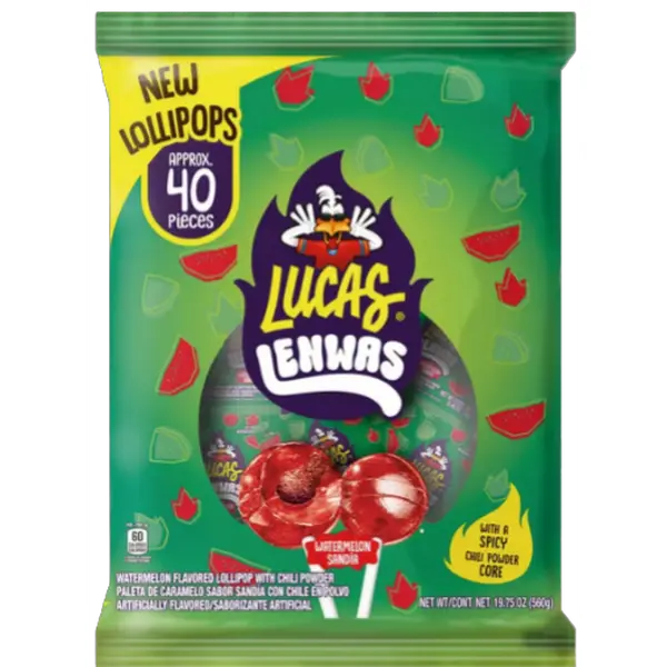 Lucas Lenwas Watermelon Lollipops – 40ct Bag | Sweet, Tangy & Spicy Mexican Candy