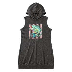 Summer Hooded Tank Dress with Bass Fish Graphic – Retro Striped Fishing Style, Oversized Casual Beachwear for Coastal Vacations