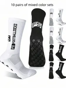 10 Pairs Teenager Socks Set, Letter Pattern Mid-Calf Sports Socks, Soccer Rugby Basketball Socks, Football Grip Socks