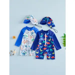 Toddler Boy Rash Guard Swimsuit Dinosaur Print Long Sleeves Front Zipper Bathing Suit with Hat