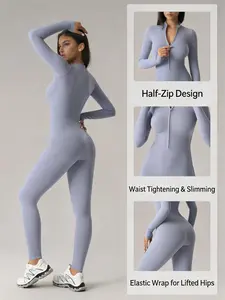 Zipper shaping bodysuit, tummy control and butt lift, soft stretchy fabric, moisture-wicking, suitable for yoga and fitness workouts, full-body one-piece suit