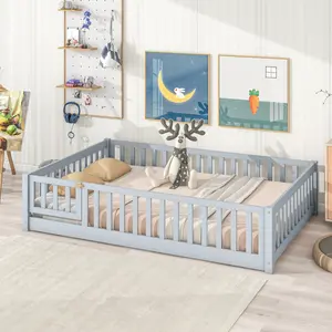 Full Size Floor Bed Frame with Fence and Door,Rubber Wood Platform Floor Bed with Safety Guardrails and Slats, for Bedroom
