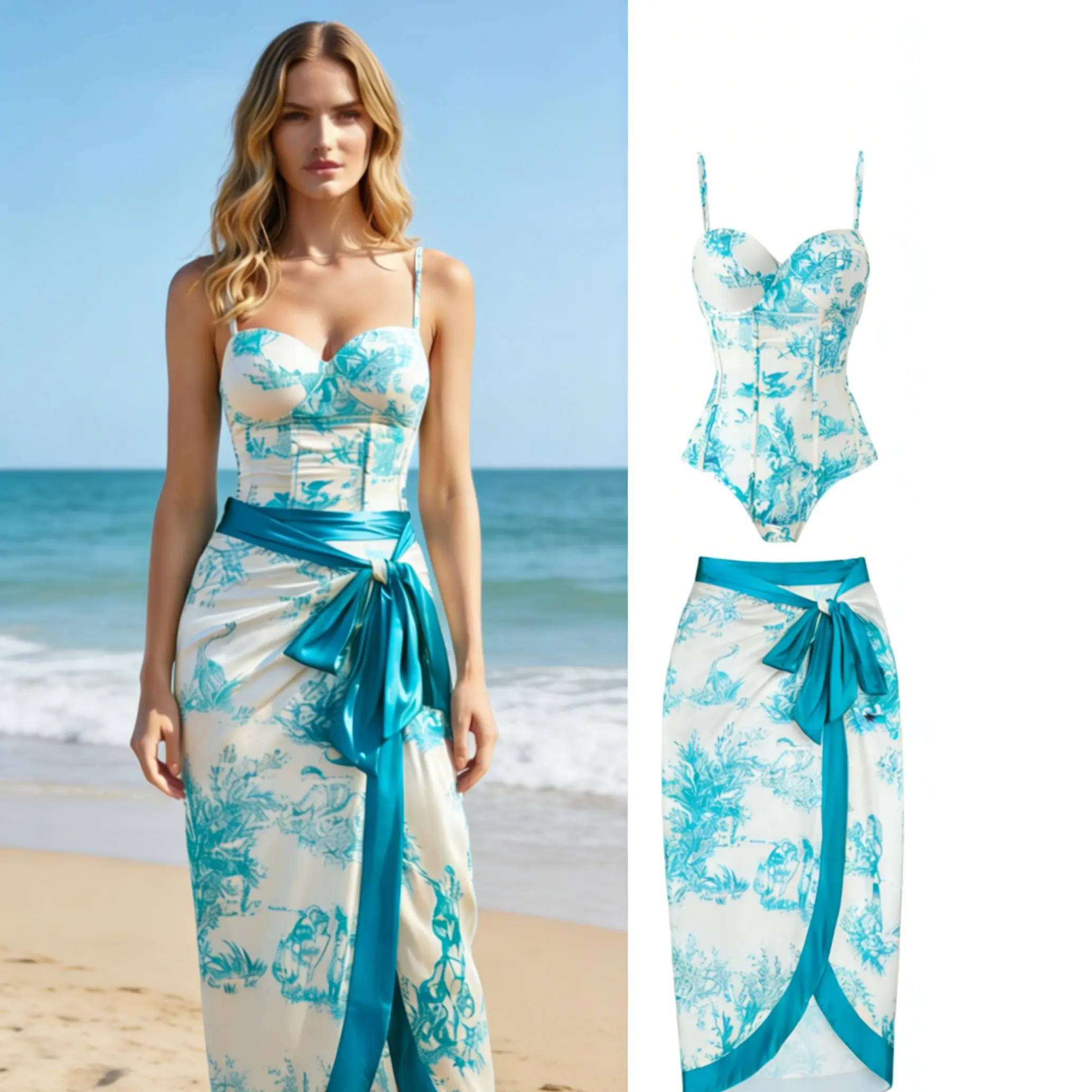 Women's Retro Print Skirtini Bathing Suit, 2-Piece Surplice Top and Bow Skirt Set, Quick Dry UV-Protective Swimwear, Two-Piece