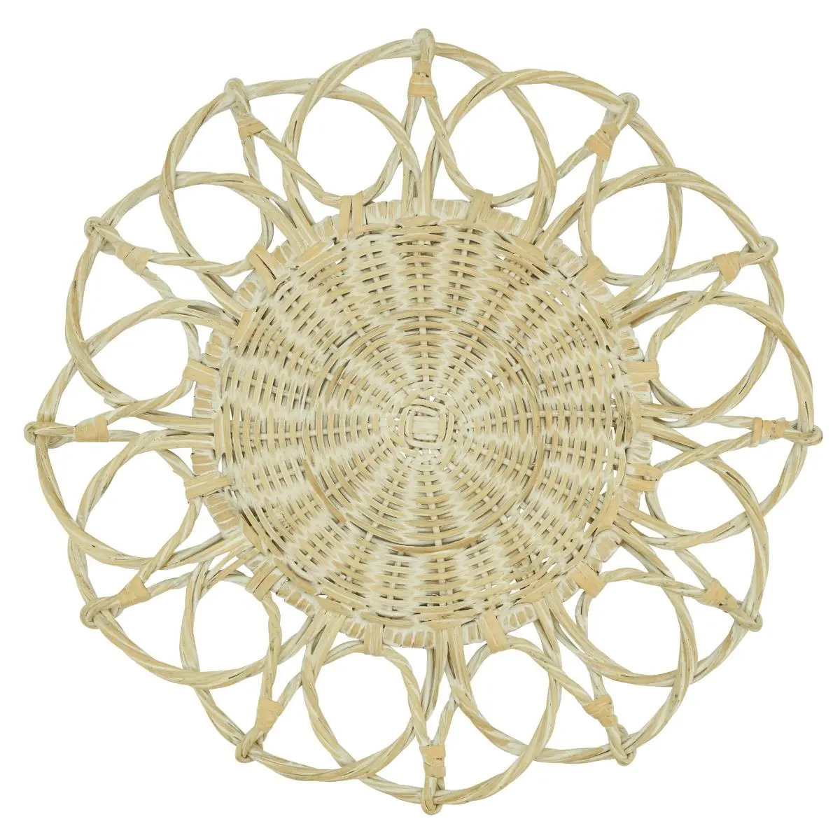 212 MAIN White 15 in. Twisted Weave Rattan Round Placemats & Coasters Set - 4-Piece Rustic Tableware, Natural Material, Wipe-Clean, Coasters for Drinks