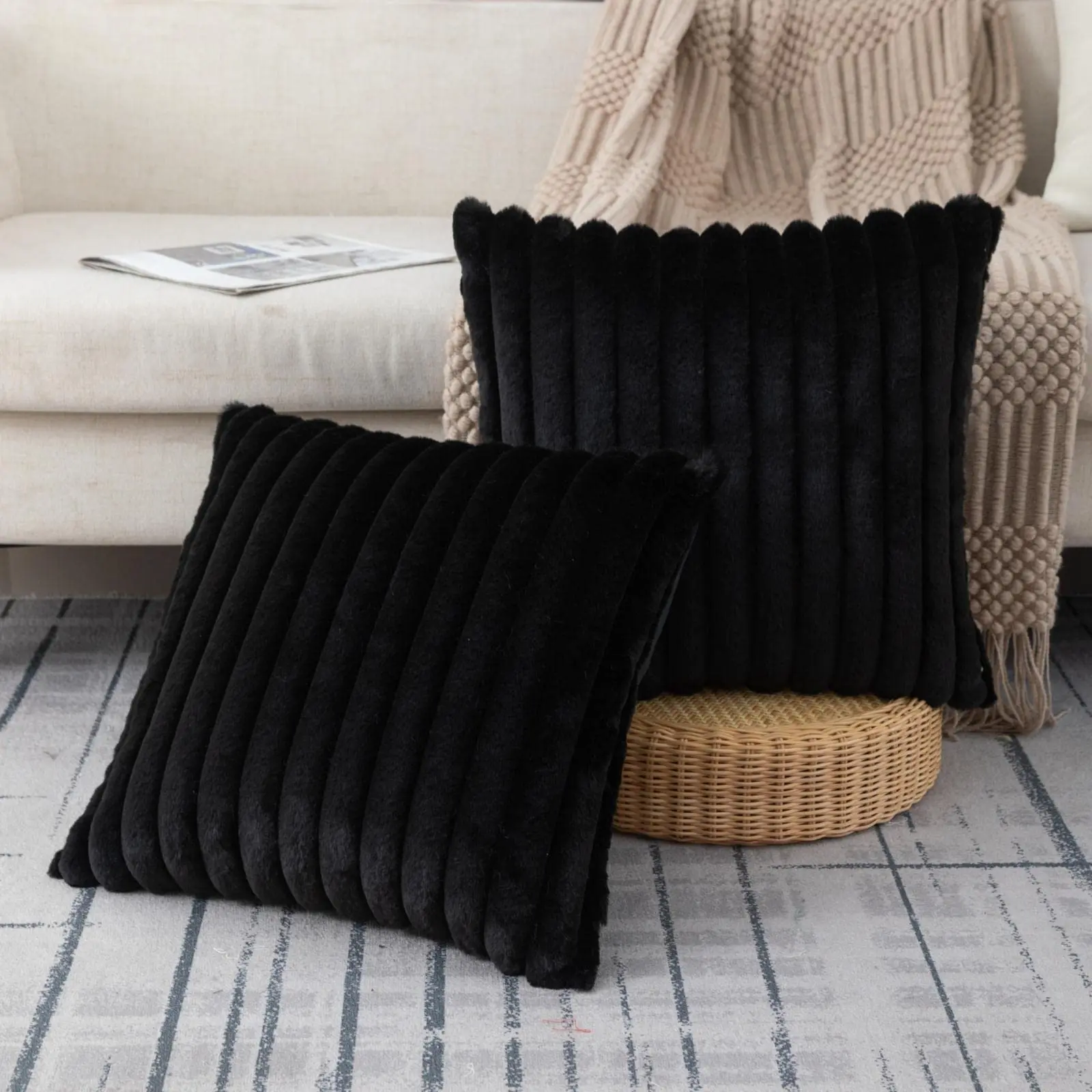 Soft 2-Pack Corduroy Couch Cushion Covers - Fluffy, Durable, Striped Decorative Slipcovers for Quick Cover Refresh, Cozy Striped Look & Cozy Couch Boost (Sofas, Bedroom), Stripes