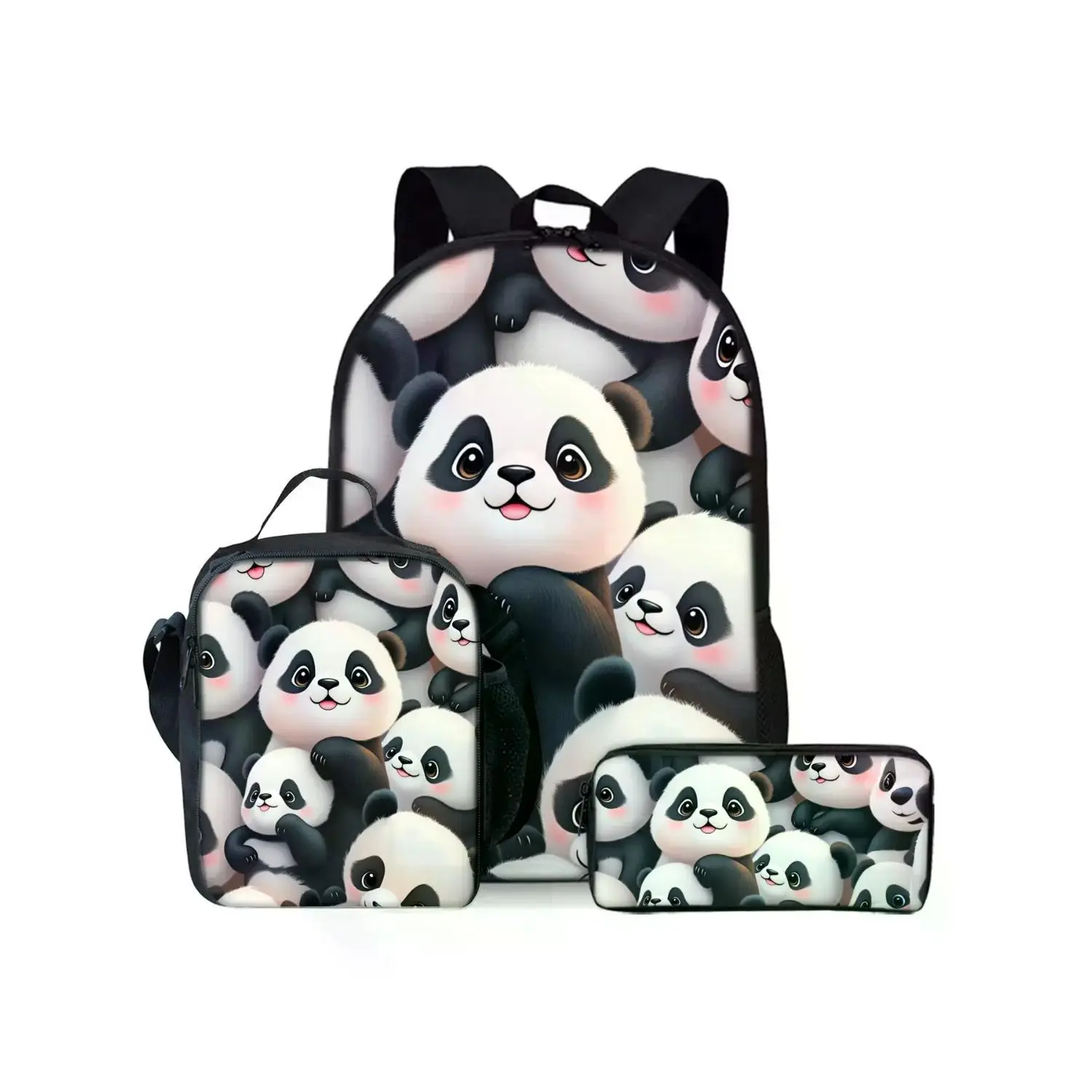 Cute Stylish Panda Print Backpack 3-Piece Set with Lunch Bag & Pencil Case