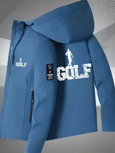 Unisex Golf Theme Windproof Jacket, All-Weather Hooded Zipper Coat, Hiking Golf Outdoor Activities, Long Hood Design, Hand Washable Sportswear