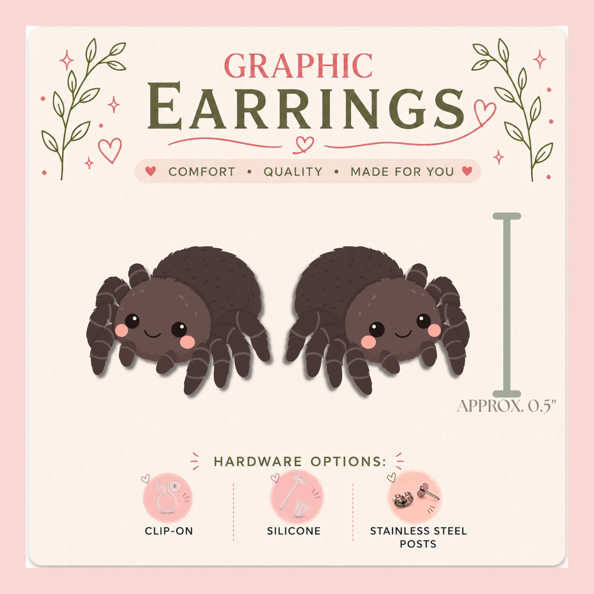 Cute Jumping Spider Graphic Stud Earrings | Kawaii Spider Earrings | Spider Lover Gift | Halloween Jewelry | Handmade Stud Earrings