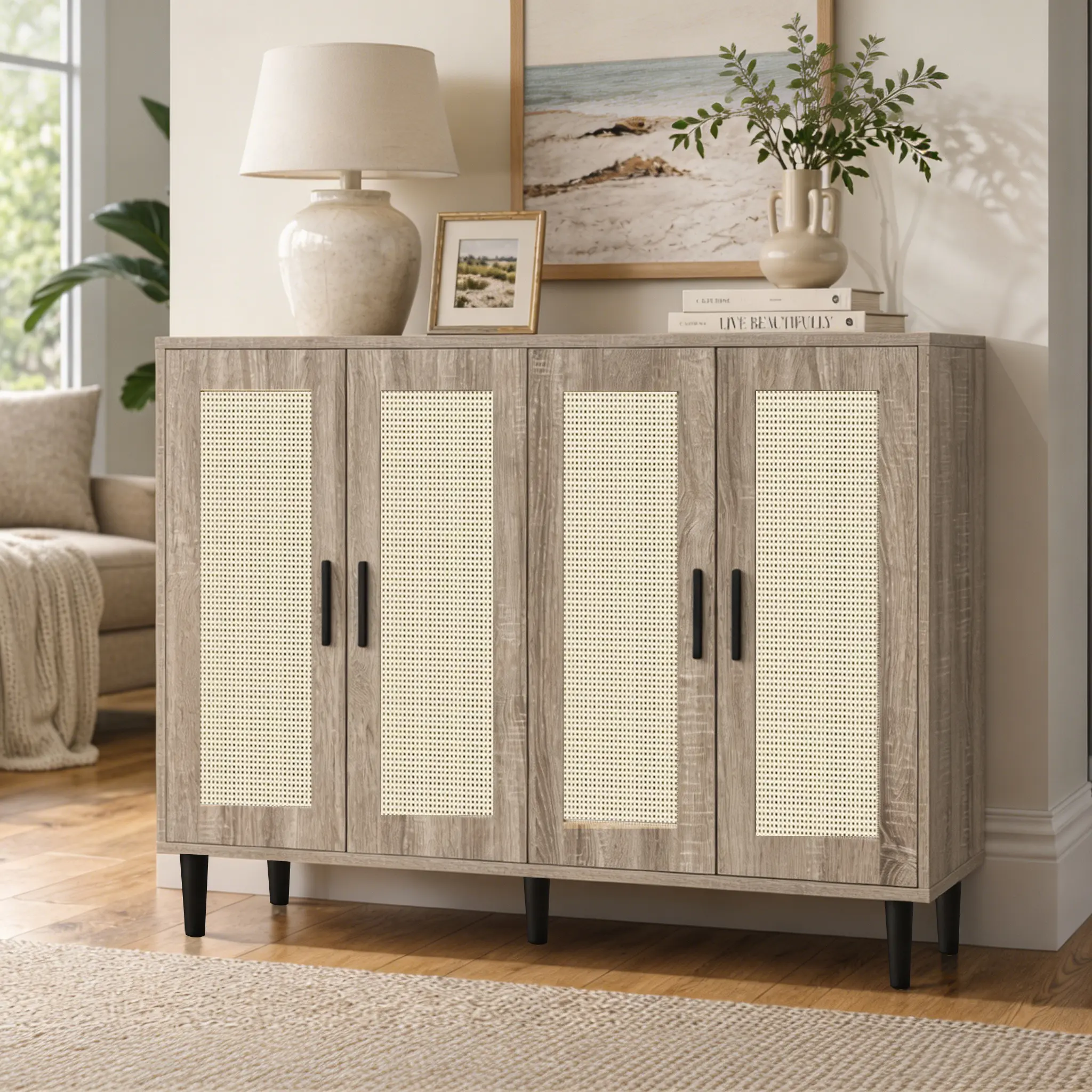 Durable Rattan Weave Sideboard Buffets Cabinet - Double Doors, Adjustable Shelves, Collectibles Display, Cottage Garden-Inspired Freestanding Wood Cupboard, for Living Room Entryway, Storage Organization, House & Room Decor, Assembly Required