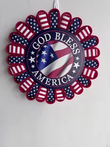 God Bless America Patriotic Wreath – Premium D’Lux Ribbon | 12” Metal Sign | Handmade Door Decor