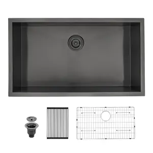 Sarlai 28/30 x 18 Inch Gunmetal Black Undermount Kitchen Sink Single Bowl Undermount Kitchen Sink 16 Gauge Stainless Steel Kitchen Sink