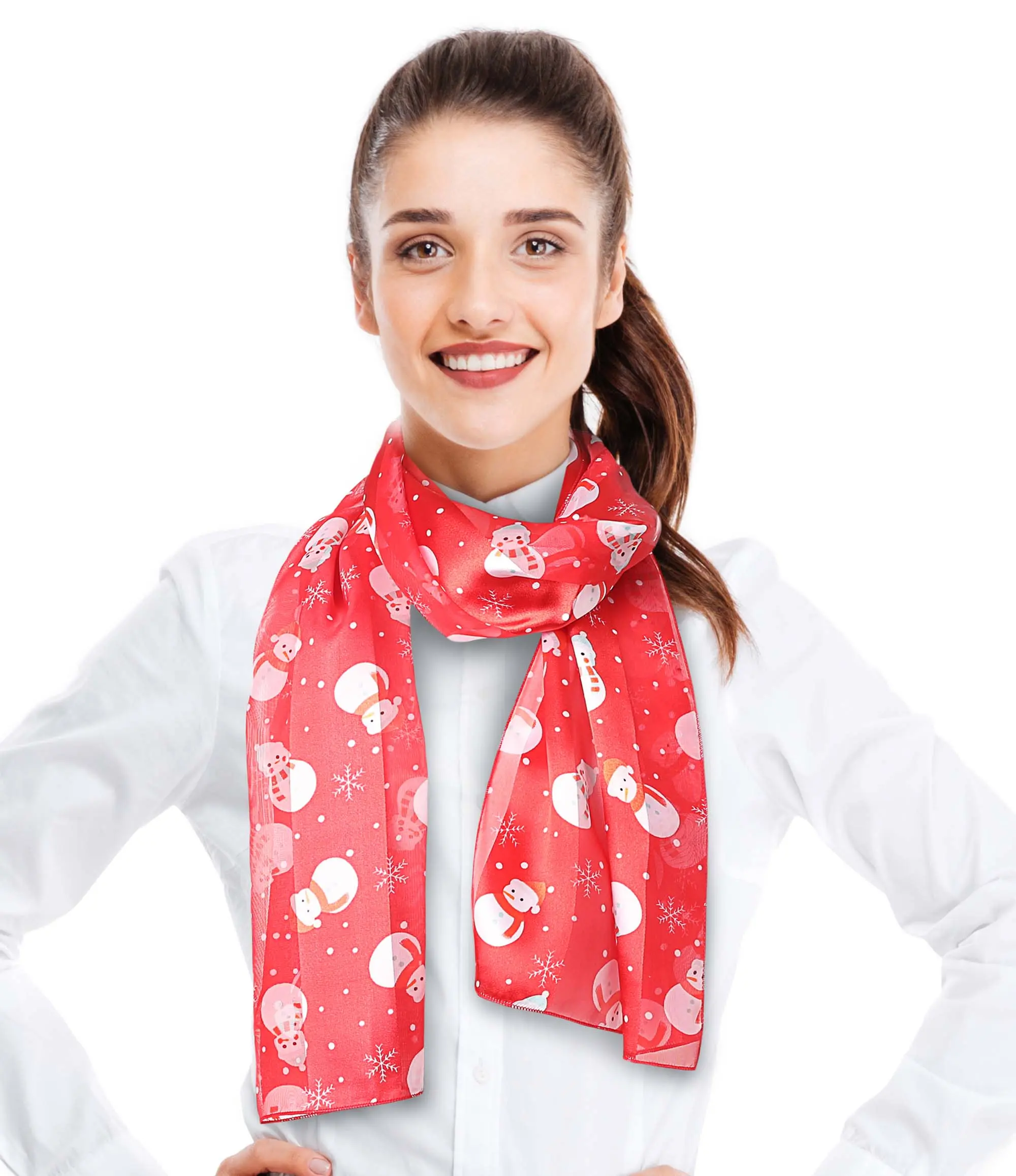 CBC Crown Women's Elegant Christmas Scarf - 13"x60" Red Polyester Silk-Feeling Fabric, Snowman Print, Lightweight, Hand Wash Fashion Accessory, Casual, 13" X 60", Basic, Female