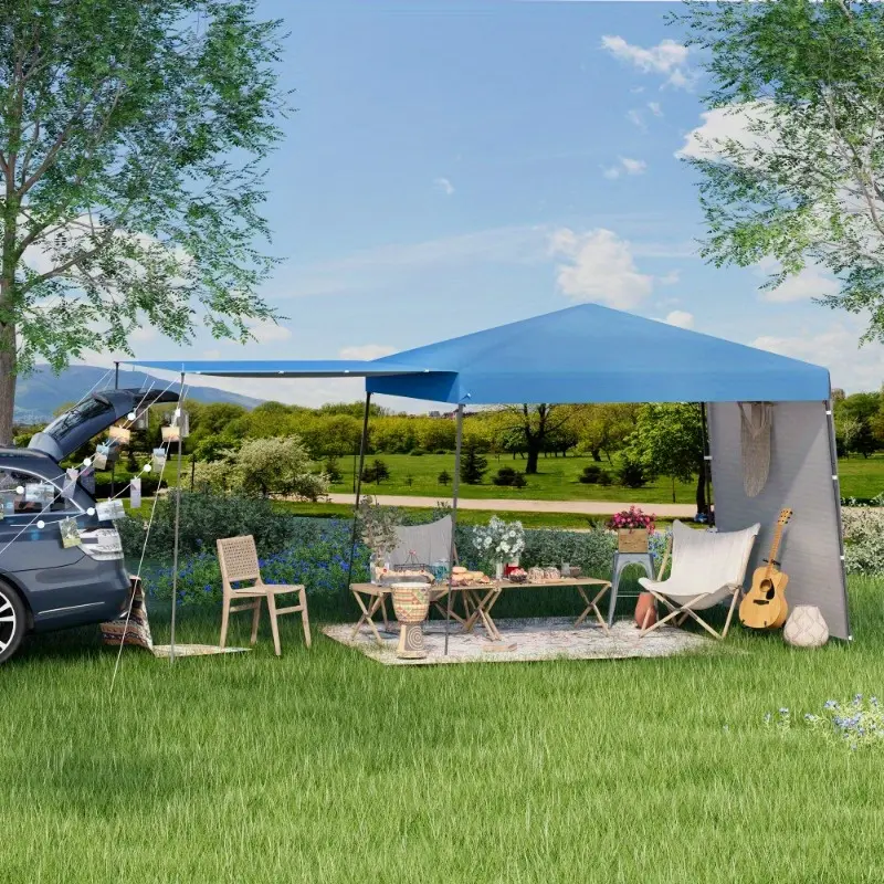 10x10 FT Portable Pop Up Canopy, Blue 210D Oxford Fabric Sun Shade with 2 Sidewalls for Commercial & Outdoor Use