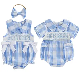 Babamoon Newborn Infant Baby Boy Girls Easter Plaid Romper He is Risen Embroidery Doll Collar Short Sleeve Jumpsuit Onesie Bodysuit 0-18 Months