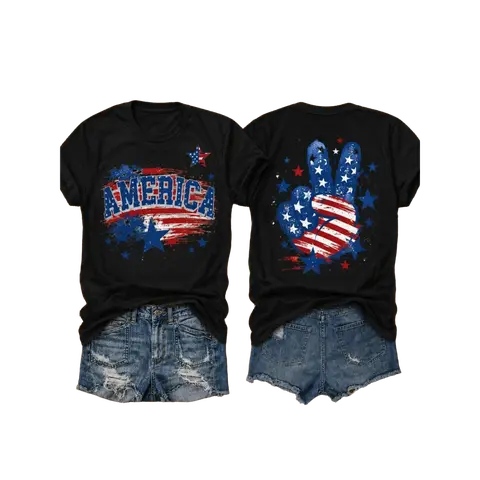 Women's USA 250th Anniversary America-Themed Cotton Tee, Apparel with Star-Stripe & Flag Overlay 4th of July Design, Round Neck, Short-Sleeve, Breathable Soft Stretch Fabric, Dye-Sub Print Casual Top