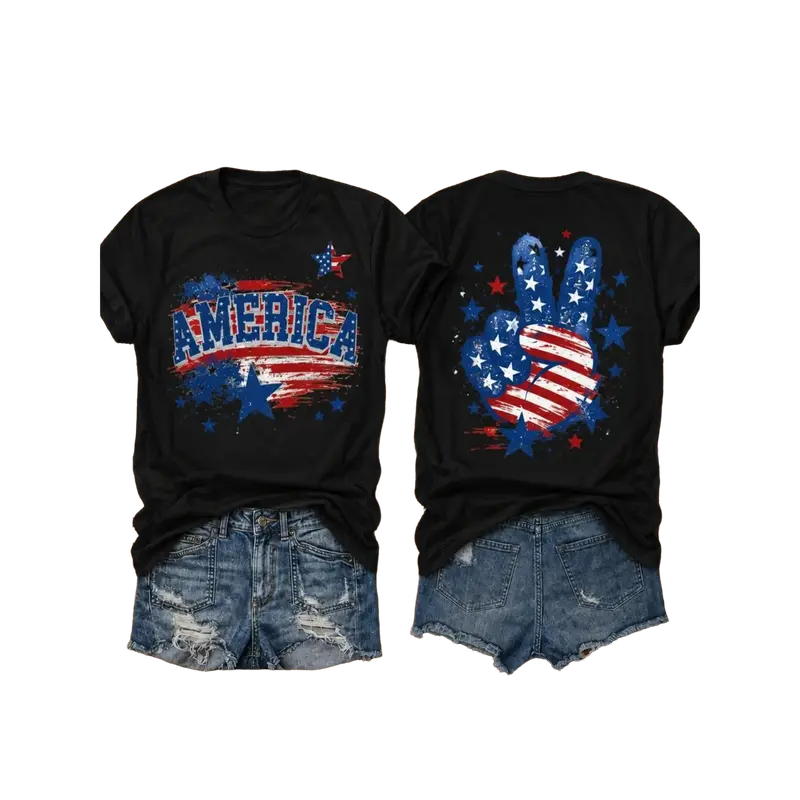 Women's USA 250th Anniversary America-Themed Cotton Tee, Apparel with Star-Stripe & Flag Overlay 4th of July Design, Round Neck, Short-Sleeve, Breathable Soft Stretch Fabric, Dye-Sub Print Casual Top