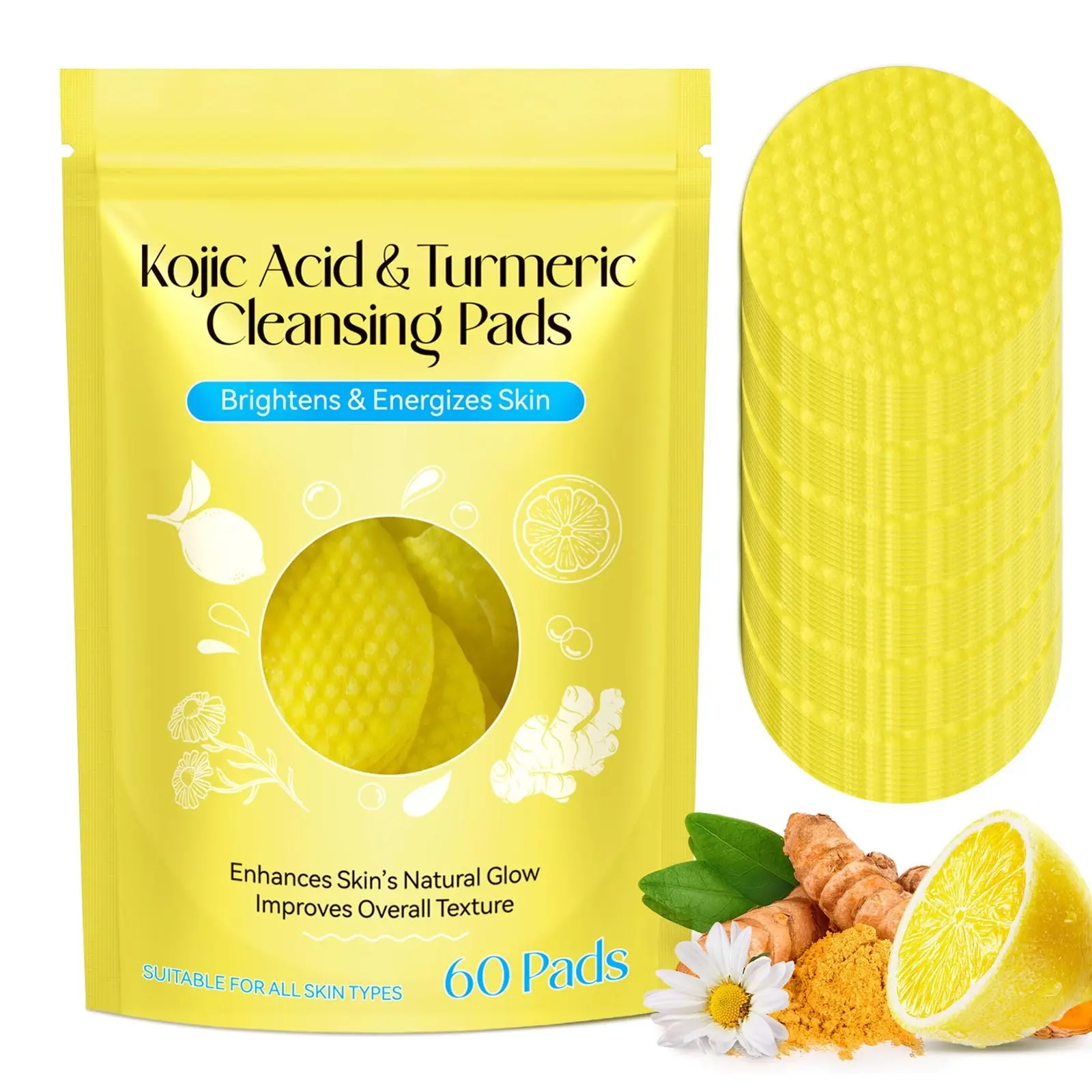 60pcs Turmeric Cleansing Pads Non-Irritating Turmeric Cleansing Pads Suitable for All Skin Types Face Wash Daily Gentle Lightweight Makeup Remover